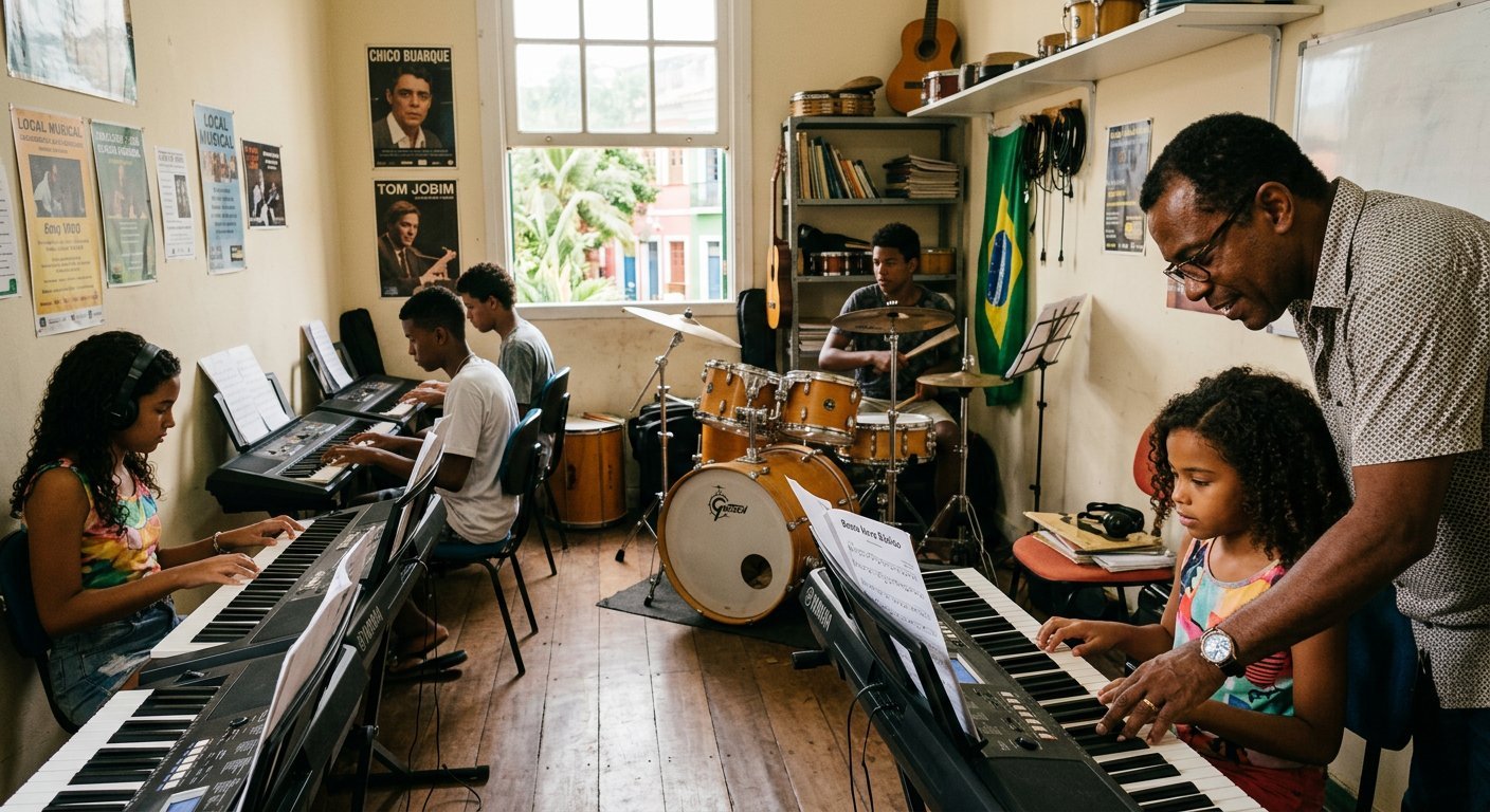 Sala de aula de escola de música com alunos praticando em teclados e bateria, acompanhados por um professor