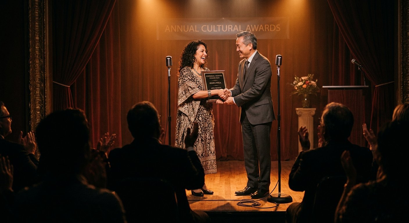 Cerimônia em palco de teatro com entrega de placa de homenagem a um patrocinador sob luz âmbar