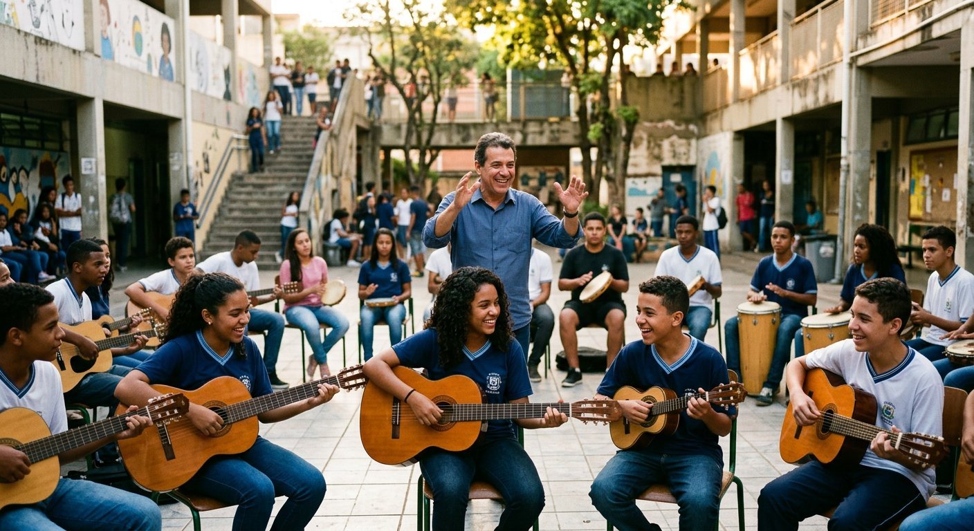 Ensaio de orquestra popular com adolescentes tocando violão e percussão no pátio de uma escola pública